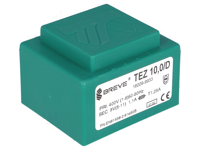 Transformator: ingegoten; 10VA; 400VAC; 9V; 1111,1mA; PCB; IP00 Transformator: ingegoten; 10VA; 400VAC; 9V; 1111,1mA; PCB; IP00
